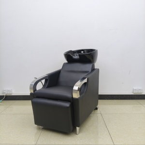 Sillón de <span class=keywords><strong>Lavacabezas</strong></span> de Cerámica Negra para Salón, Unidad Reclinable con Respaldo, Lavabo Impermeable de Cuero PU, Reposabrazos Cromados - Product Image 4