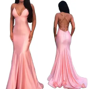 EV012 Sexy Deep V Neck Pink Meerjungfrau Abendkleider Langes rücken freies Satin Abendkleid Formelles Ballkleid Party kleid