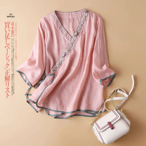 Women's Chinese Style Cotton <b>Linen</b> <b>Top</b> V-Neck Embroidery Three Quarter Sleeve Loose Fit Breathable Summer T-Shirt - Product Image 5