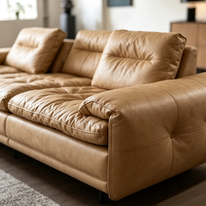 Sofá Moderno de Tres Plazas en Cuero Genuino Beige con Diseño Acolchado y Brazos Acolchados para Sala de Estar - Product Image 4