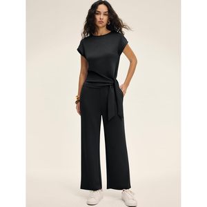Women 2 Piece Outfits Cap Sleeve <b>Tie</b> Waist Top Wide Leg Pants <b>Set</b> Breathable Knitted Daily Wear Travel Airport Vacation <b>Sets</b> - Product Image 3