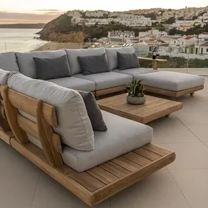 Muebles modernos de madera de teca con cojines, juego de sofás para exteriores, jardín, Patio, hotel, sofá seccional para exteriores