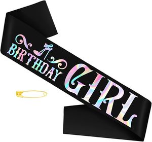 Écharpe d'<span class=keywords><strong>anniversaire</strong></span> noire pour fille avec feuille irisée, décorations amusantes pour fête d'<span class=keywords><strong>anniversaire</strong></span> disco pour filles - Product Image 1