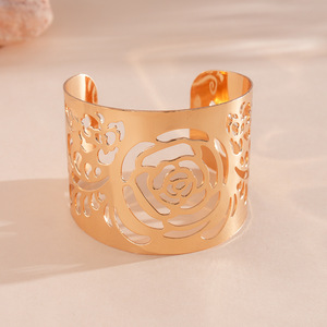 Brazalete Abierto de Acero Inoxidable con Diseño de Hojas y Flores, Unisex, Estilo Vintage Exagerado, Diseño de Lujo - Product Image 6