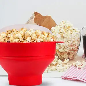 Mangkuk Popcorn Microwave, dengan Tutup dan Pegangan Popper Bebas BPA Silikon Dapat Dilipat