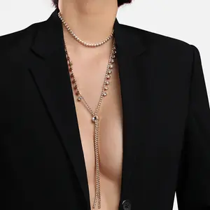 Sıcak satış çift sıra Rhinestone uzun püskül kolye kadınlar için kristal göğüs moda takı vücut zinciri