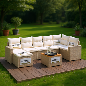 Grand ensemble de canapés de jardin modulaires en rotin crème, couleur beige, meubles d'extérieur - Product Image 2