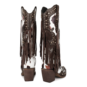 WETKISS özel Trendy topuklu ayakkabı inek baskı diz yüksek çizmeler Punk perçinler Cowgirl çizmeler saçak kovboy çizmeler ile püskül - Product Image 4