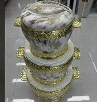 Juego de 3 Ollas Térmicas de Alta Gama con Aislamiento, 2.2L, 4.4L, 6.5L, con Textura de Mármol y Adornos Dorados, para Servir Comida en Fiestas