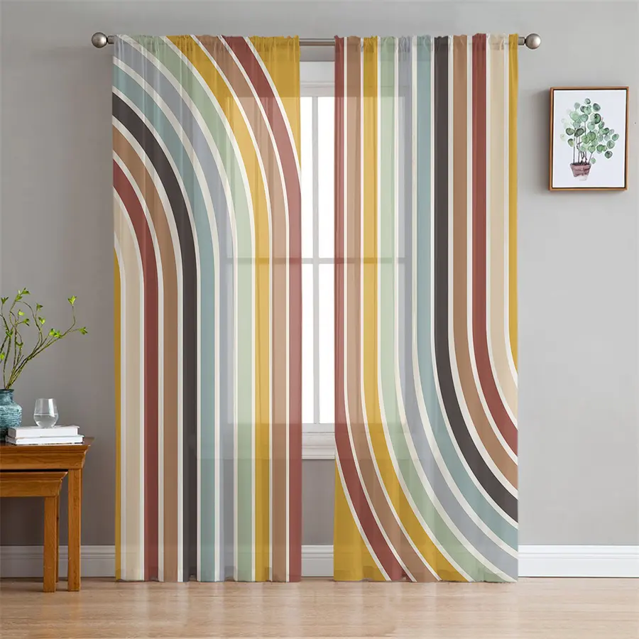 Home Balcony Decor Drapes Window Voile Stripe Printed Sheer Curtains