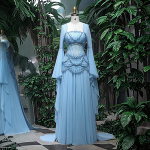 Chic Dubai Blue Sequined Crystal Evening Party Dress with Corset
