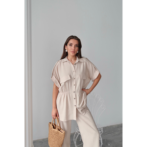 Set <span class=keywords><strong>Camicia</strong></span> <span class=keywords><strong>e</strong></span> Pantaloni in Lino <span class=keywords><strong>Beige</strong></span> con Coulisse in Vita per Donna Taglia S - Product Image 4