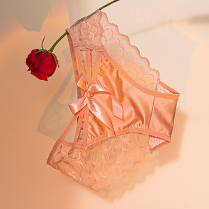 Culottes sexy en nylon tricoté avec dentelle pour femme, à bretelles croisées et nœud décoratif, en maille transparente, douces, respirantes, couleur unie, taille mi-haute, OEM - Product Image 3