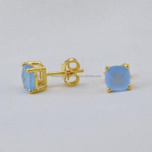 Boucles d'oreilles en argent sterling 925 faites à la main avec calcédoine bleue bijoux plaqués or pour fiançailles mariage ou fête - Product Image 1