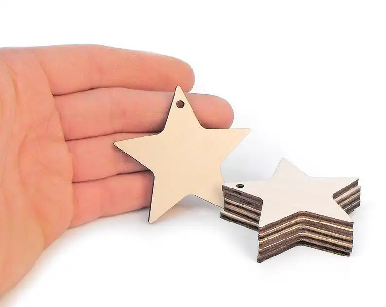 Decoración artesanal para el hogar o regalo de Navidad, madera cortada con láser, 6cm, estrella de cinco puntas blanca