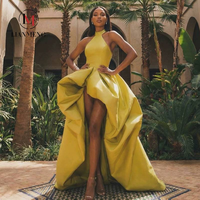 Robe de soirée en satin LM D385 Chartreuse à col halter, corsage ajusté, fente haute ample, superpositions volumineuses et traîne au sol, robe de cérémonie