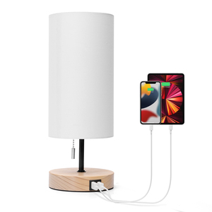 Aigostar lampada da tavolo nordica minimalista con 2 porte di ricarica USB lampade da comodino con interruttore a tirante Base in legno ABS corpo paralume in metallo - Product Image 1