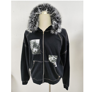 Veste à <span class=keywords><strong>capuche</strong></span> personnalisée en polaire Sherpa délavée à l'acide Veste à <span class=keywords><strong>capuche</strong></span> zippée en fausse <span class=keywords><strong>fourrure</strong></span> noire grise - Product Image 1