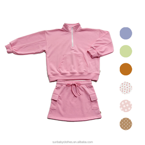 Ensembles de Vêtements pour Enfants en Gros : <span class=keywords><strong>Sweat</strong></span>-shirt en Molleton French Terry à Fermeture Éclair 1/4 et Short Cycliste, Ensemble 2 Pièces Jupe et Sous-vêtements - Product Image 1