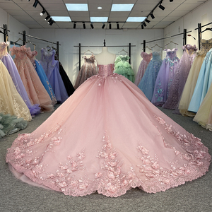 Dy5957 Sweetheart Neck Pink Sequined Floral <b>Appliques</b> Party Quinceanera Pageant Floor-Length Ball Gown Natural Waistline Pearl - Product Image 6