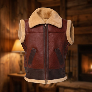 Veste de motard en cuir véritable pour homme, confortable, respirante, sans manches, décontractée, doublée en sherpa, col montant, unie, pour l'hiver - Product Image 4