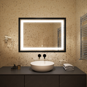 Miroir de salle de bain LED encadrée avec cadre en aluminium noir, design moderne, solution de conception graphique pour hôtel, appartement, villa - Product Image 1