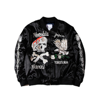 Blousons bombardiers personnalisés pour hommes rétro vintage crâne brodé de fleurs col montant streetwear japonais vêtements d'extérieur Hip Hop de couleur noire