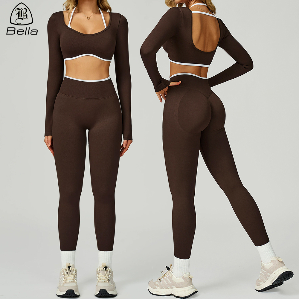 Custom Logo Long Sleeve Crop Top High Waist Yoga Leggings Pants Sets For Women Gym Wear Custom Activewear Manufacturers