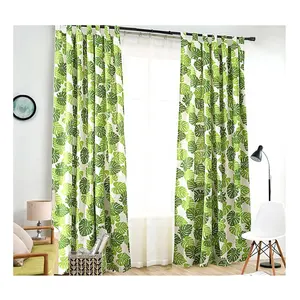 Linen Blend Banana Leaves Design Green Color Thermal Insulated Door and Cafe Curtains For The Kitchen Room