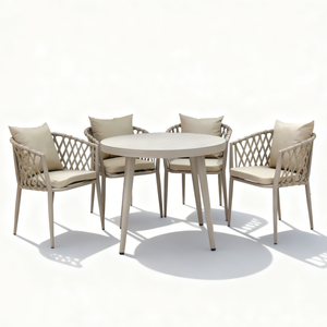 Set <span class=keywords><strong>da</strong></span> Pranzo <span class=keywords><strong>da</strong></span> <span class=keywords><strong>Giardino</strong></span> in Rattan Intrecciato a 5 Pezzi - Tavolo Rotondo con Sedie Imbottite - Product Image 3