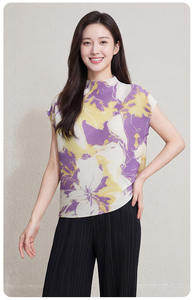 PY Hot Print Pleated Stand Collar Short Sleeve T-Shirt Women Plus Size Loose Casual <b>Compressed</b> 100% Polyester Wholesale - Product Image 4