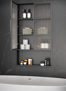 Armoire de niche moderne en acier inoxydable 304 avec porte dissimulée, rangement en verre, panneau arrière miroir pour salle de bain, école et hôtel - Product Image 2