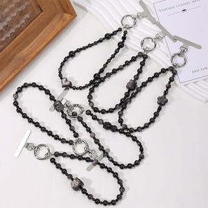 Cordon de téléphone en obsidienne <span class=keywords><strong>argent</strong></span>ée naturelle anti-perte, bracelet perlé en cristal Chat Porte-Bonheur et Lune pour femme - Product Image 5