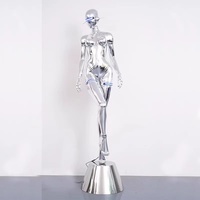 Lámpara de pie de fibra de vidrio con forma de robot femenino, cromo brillante, luz azul, para crear una atmósfera natural.