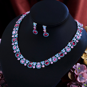 <span class=keywords><strong>Collana</strong></span> glamour e orecchini di forma ovale abbagliante zirconi cubici blu rosso <span class=keywords><strong>rosa</strong></span> grande Set di gioielli Multicolor per banchetti da donna - Product Image 5