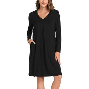 Custom Bamboo Women's Nightgown <b>Long</b> <b>Sleeve</b> V Neck Sleepwear <b>With</b> Pockets Solid <b>Long</b> <b>Sleeves</b> <b>Night</b> <b>Dress</b> Pajama <b>Dress</b> - Product Image 4