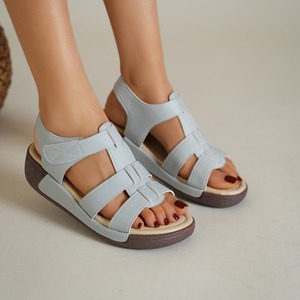 Sandalias de cuña cómodas y casuales de verano para mujer, de cuero genuino, con suela gruesa abierta, transpirables, sin cordones, para uso exterior. - Product Image 4