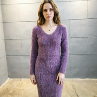 Robe pull moulante en maille duveteuse pour femme, manches longues, col en V, coupe ajustée, sexy, pour soirée d'hiver, longueur midi ou mini