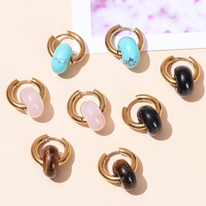 JD Mujeres <span class=keywords><strong>Bohe</strong></span> Colorido Regalo de Boda Natural Cuarzo Rosa Amarillo Ojo de Tigre Donut Huggies Acero Inoxidable Chapado en Oro Pendientes de Aro - Product Image 6