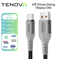 Kabel Pengisi Daya Cepat TENOVA Factory LED Silikon Bercahaya Tipe-C USB-C RGB Party Glow 60W PD 3A dengan Layar Berpendar Warna-warni untuk Malam Hari