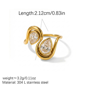 Bague haut de gamme plaquée or 18 carats avec double goutte d'eau en zircon, lignes ondulées, acier inoxydable, tendance, simple, étanche, bijoux pour femmes - Product Image 6