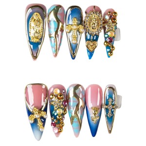 Ongles artificiels de luxe faits main de haute qualité, 10 pièces, longs, forme stiletto, en acrylique, à presser, avec accents 3D en bijoux - Product Image 6