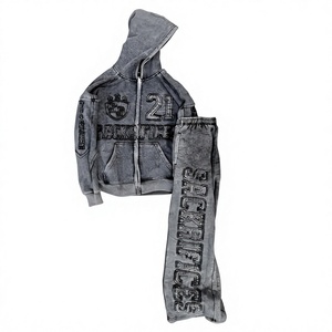 Ensemble survêtement homme grande taille avec sweat à capuche et pantalon, imprimé lettres en relief, en molleton, décontracté, pour l'automne, gris - Product Image 1