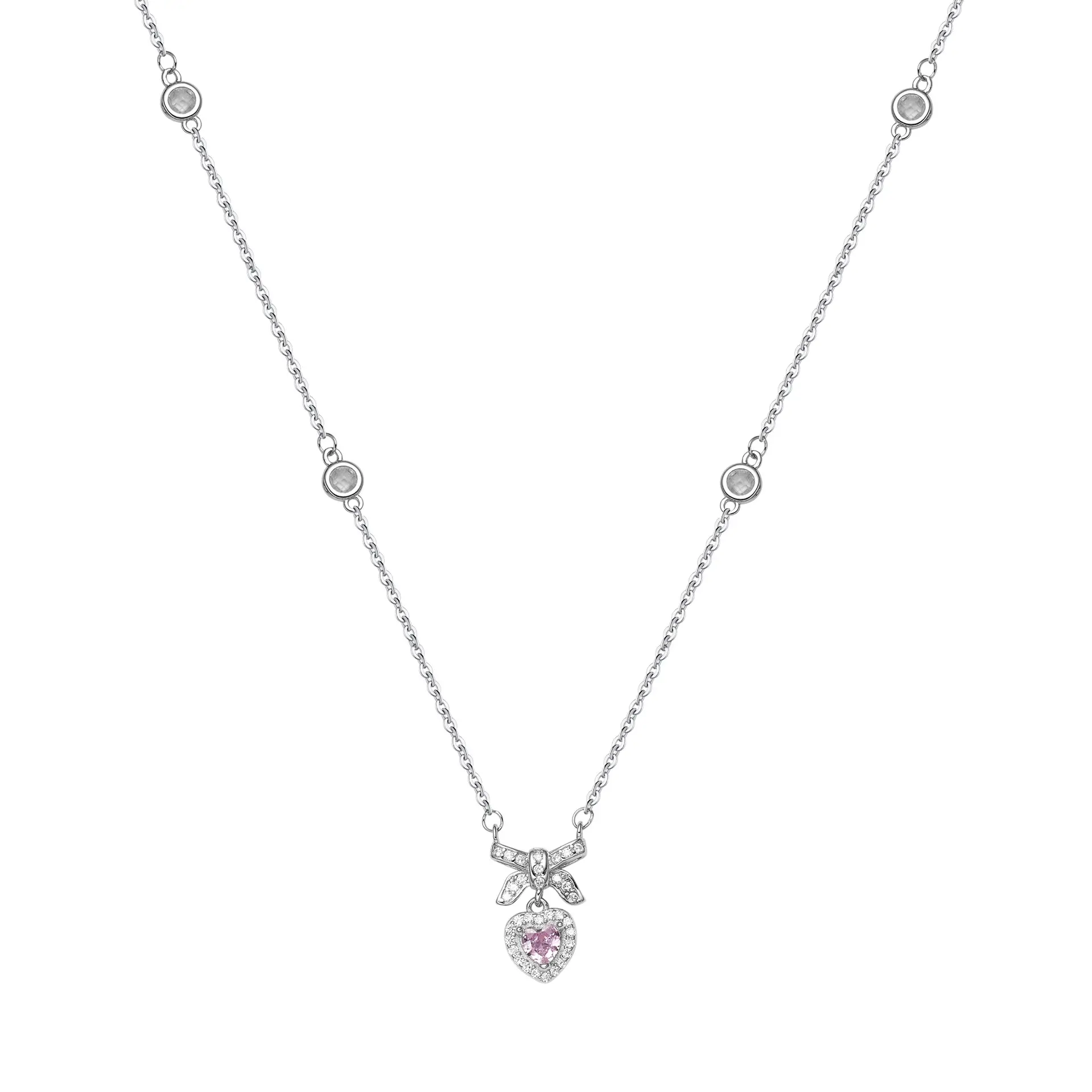 Customized 925 Silver Platinum Bow Pink Diamond Love Necklace for Women