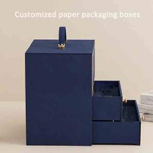 Caja de Embalaje Premium Personalizada Azul con Doble Cajón, Logotipo en Lámina Dorada y Asa para Productos de Cuidado de la Piel o Chocolates - Product Image 3