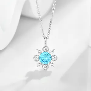 Top End Rhodium Plated Flower Shape CZ Pendant Necklace 925 Silver Aquamarine Blue Cubic Zirconia Flower Necklace