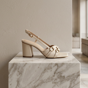 Sandalias de Tacón Cuadrado con Tira Trasera y Hebilla para Mujer, en Cuero Beige - Product Image 1