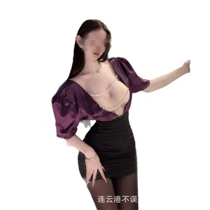 Sexy purple deep V bodycon skirt and lingerie set for a seductive and alluring nightgown. - Product Image 1