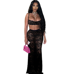 New <b>Sexy</b> Hollow Halter Top Solid Color Lace High Waist Skirt 2-Piece <b>Set</b> for Women Fashion - Product Image 1