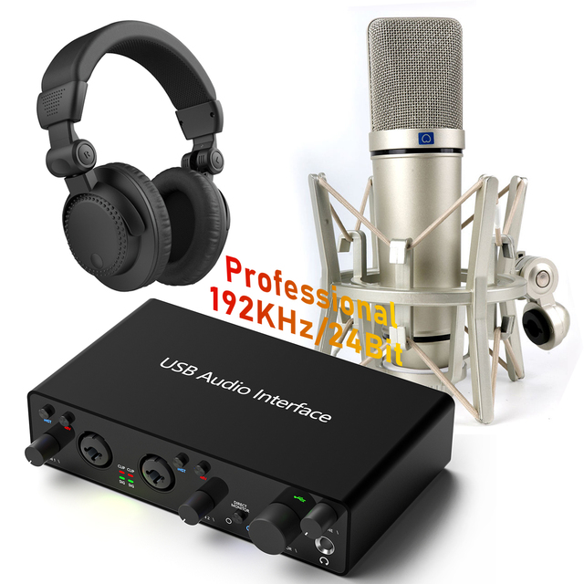 192KHz 24Bit Professional Condenser Studio Microphone Headphone USB Audio Interface Sound Card Bundle Kit for Podcast Recording